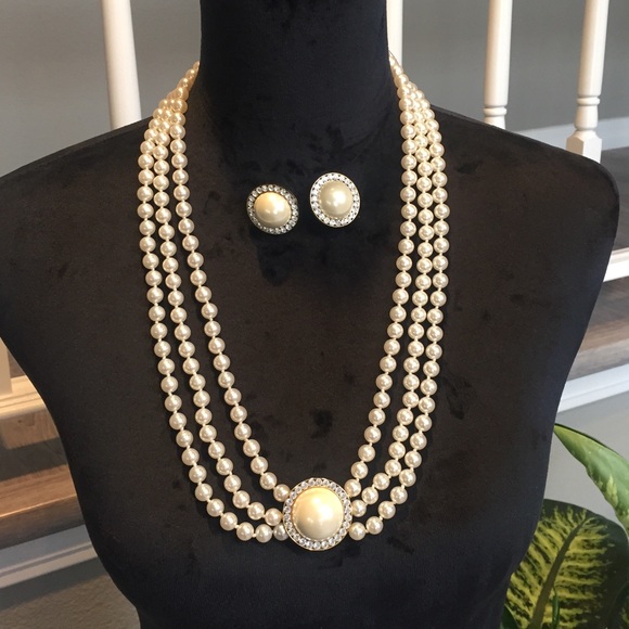 3-strand Pearl & Rhinestone Necklace & Earrings - Picture 2 of 3
